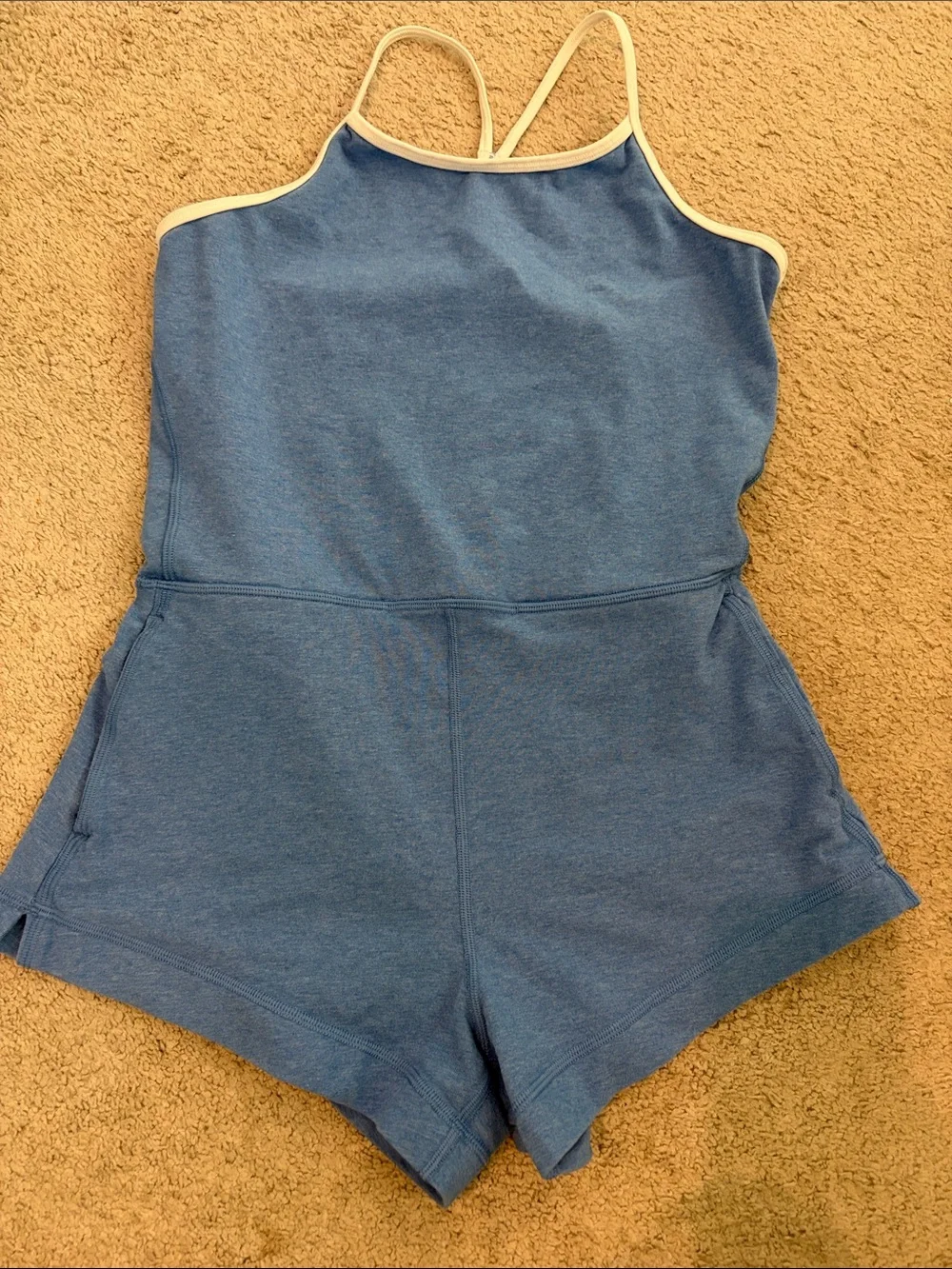 Athleta Blue Tank Romper with Cream Trim